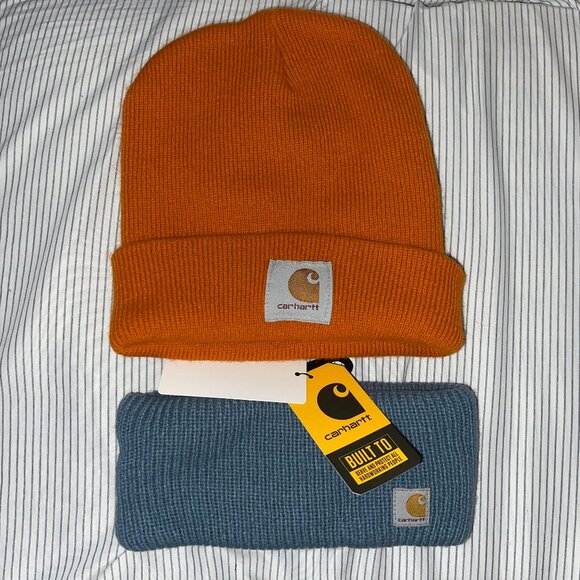 Carhartt A18 Acrylic Watch Cap Beanie (Brite Orange) + Knit Headband (Blue) - Picture 1 of 2